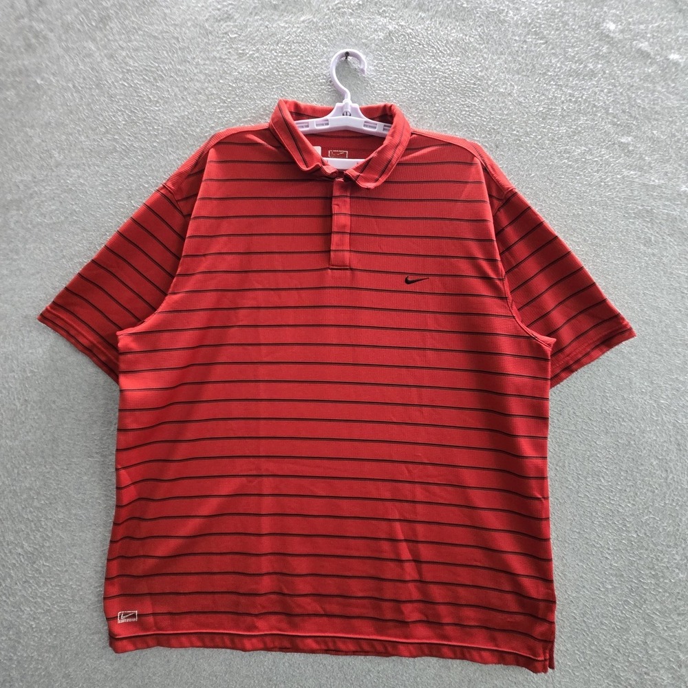 Nike Men Polo Shirt XL Red Striped Golf Swoosh Logo Short Sleeve Collar Casual